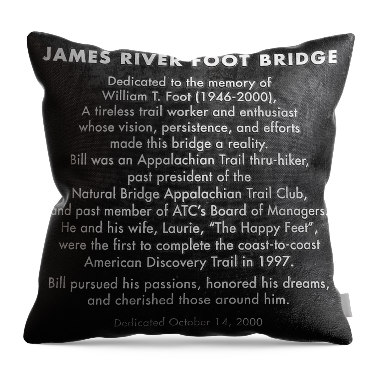 James River Throw Pillow featuring the photograph James River Foot Bridge Sign by Cathy Shiflett