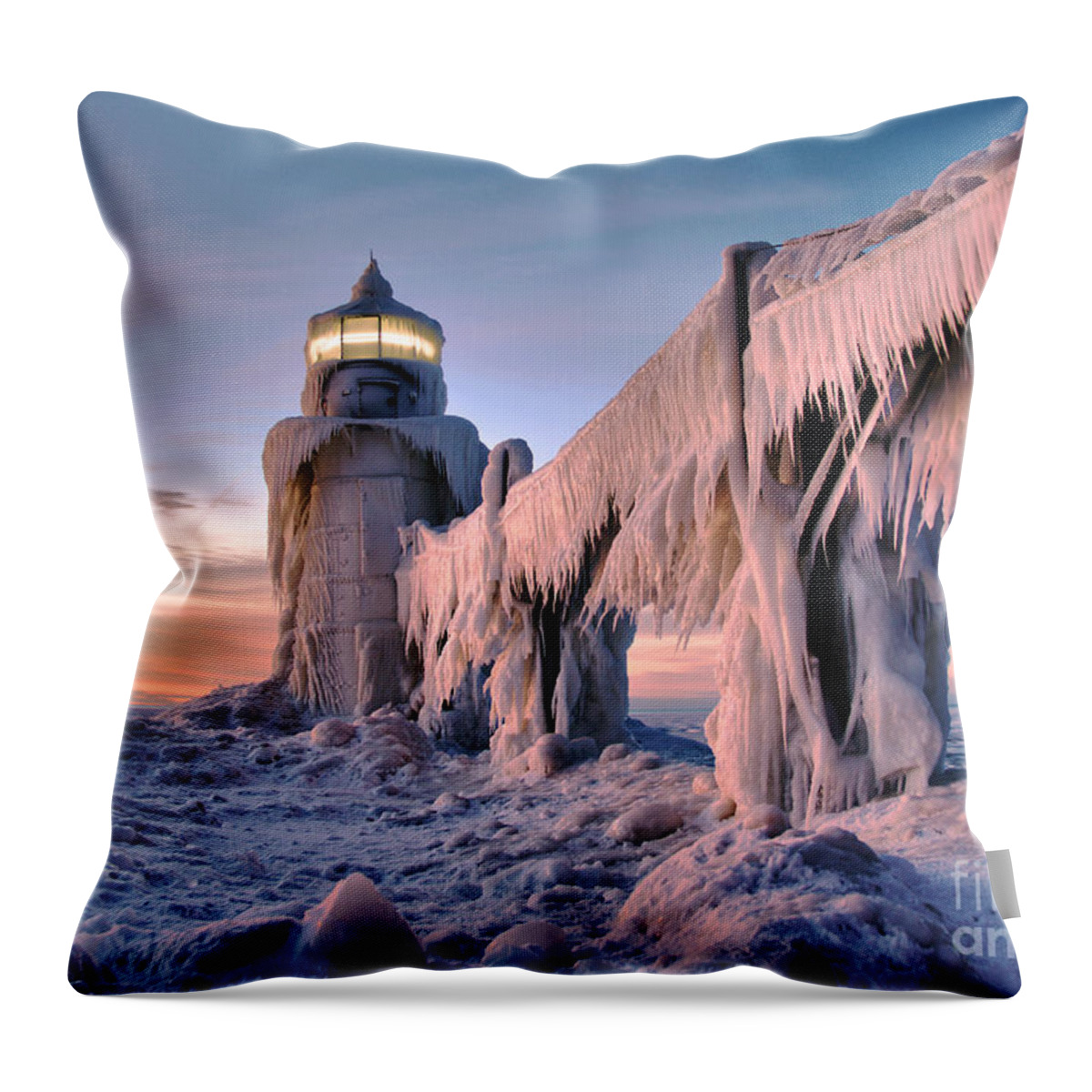 Saint Joseph Throw Pillow featuring the photograph January Sunset on North Pier by Brett Maniscalco
