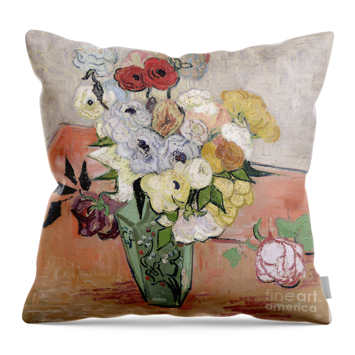 1890 Throw Pillow featuring the painting Japanese Vase with Roses and Anemones by Vincent van Gogh
