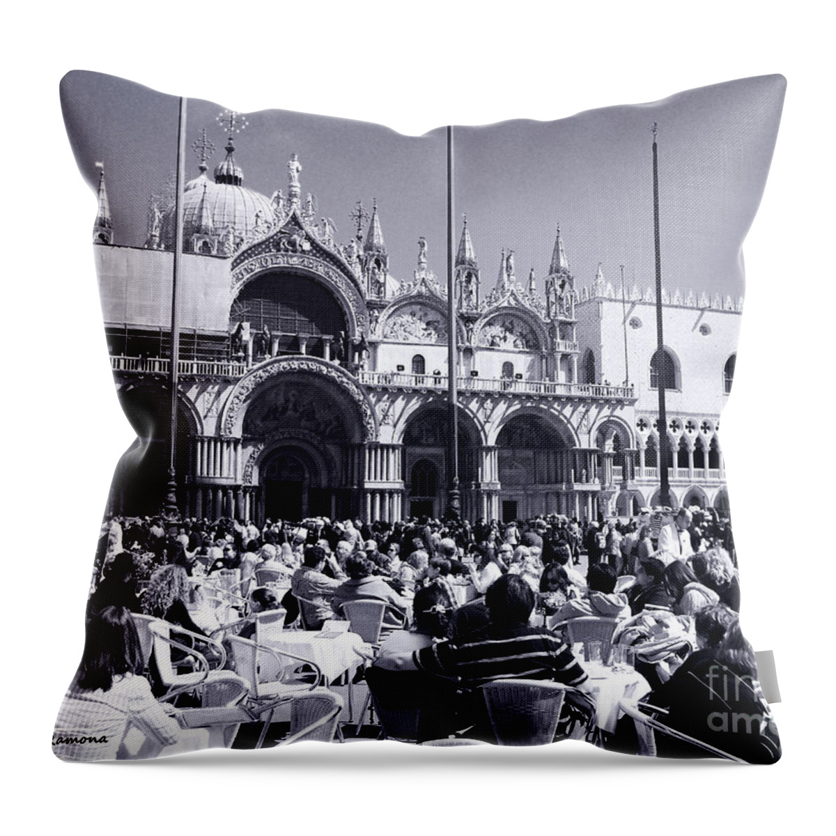 Italian Throw Pillow featuring the photograph Jazz in Piazza San Marco Black and White by Ramona Matei