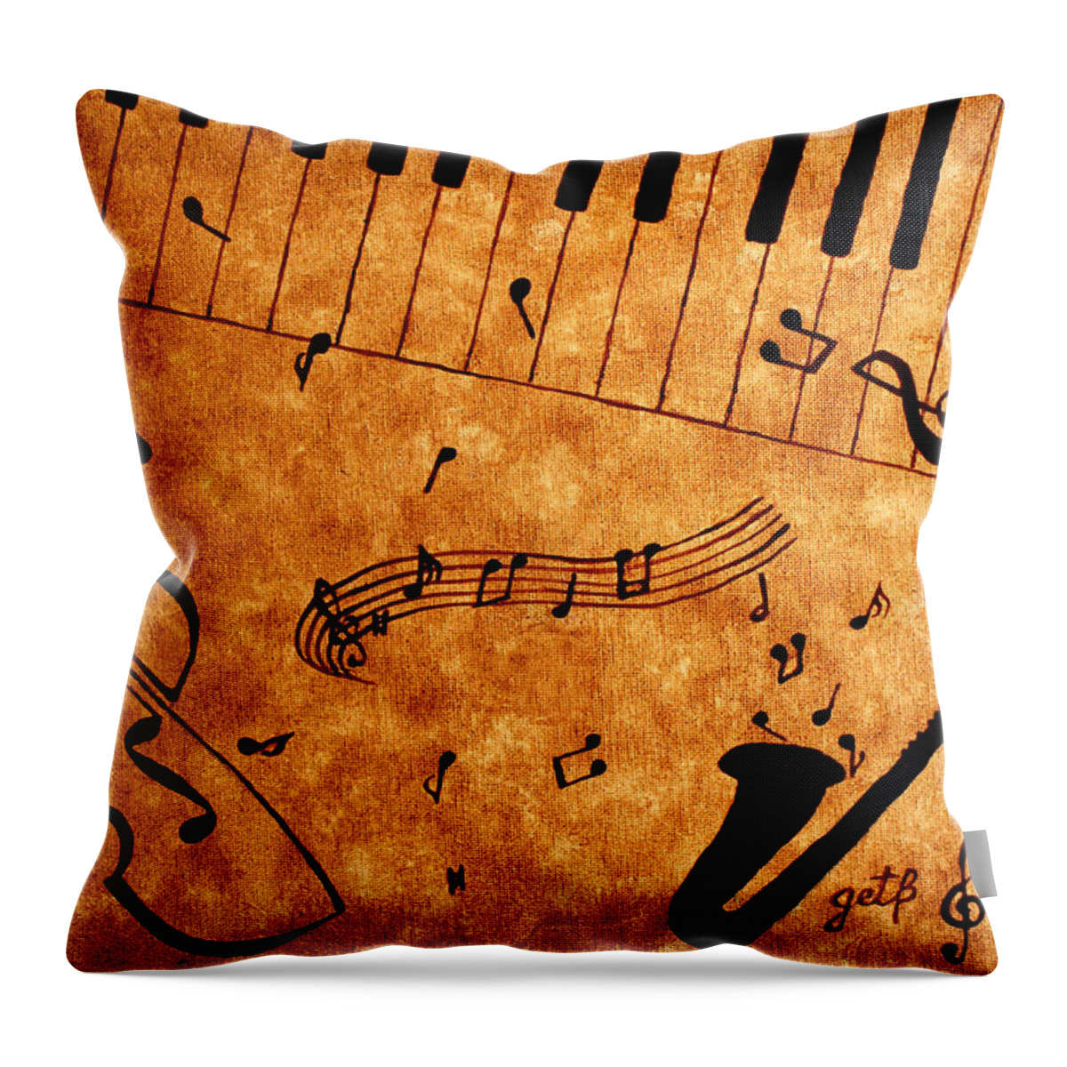 Abstract Jazz Music Throw Pillow featuring the painting Jazz Music Coffee Painting by Georgeta Blanaru