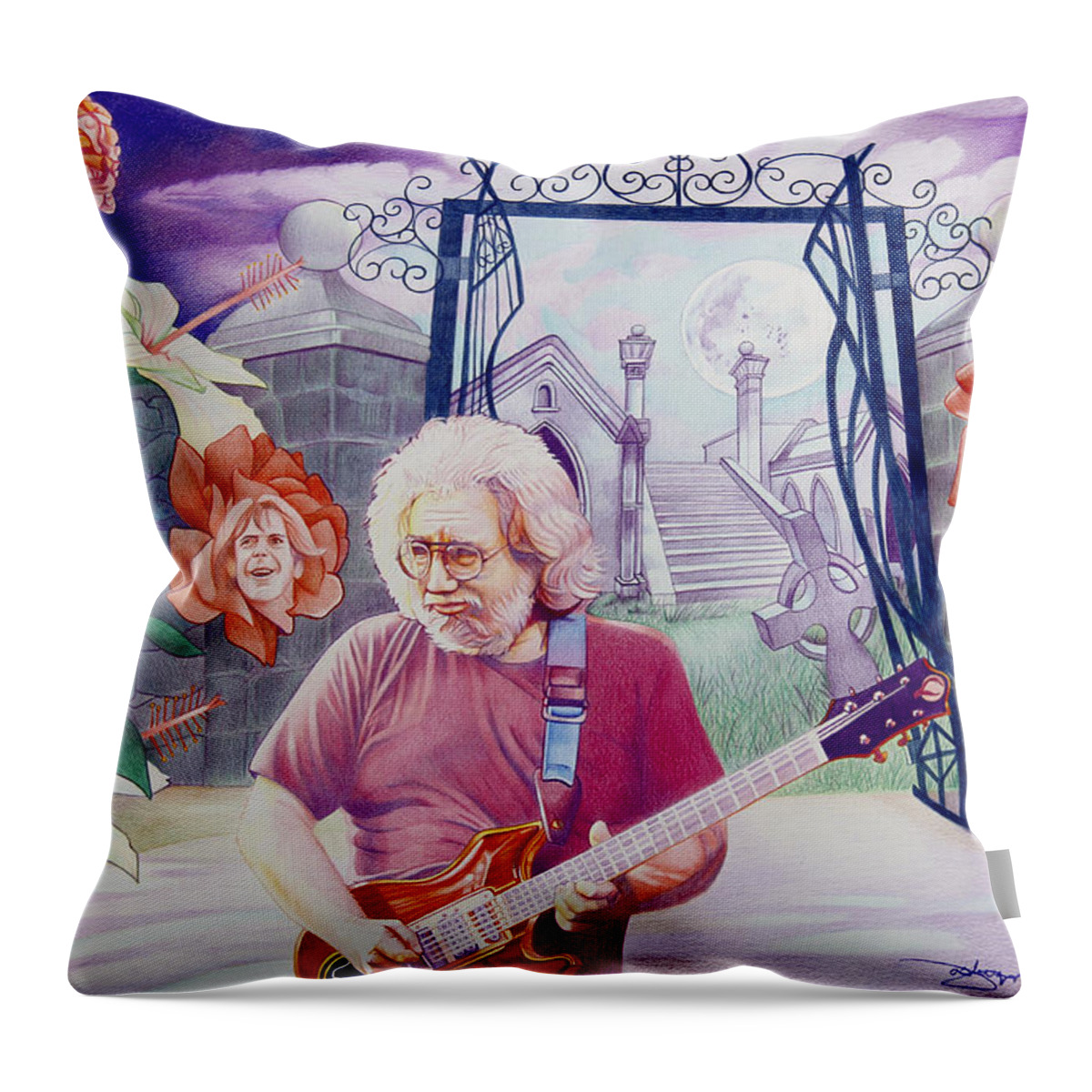 Jerry Garcia Throw Pillow featuring the drawing Jerry Garcia-American Beauty by Joshua Morton