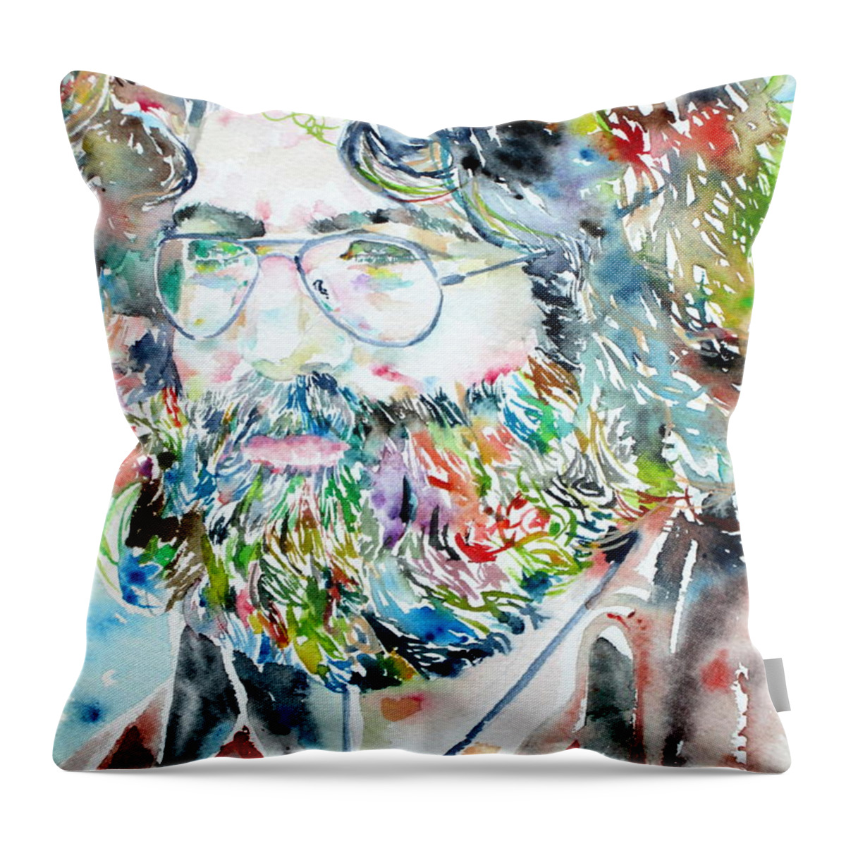 Jerry Throw Pillow featuring the painting JERRY GARCIA watercolor portrait.2 by Fabrizio Cassetta
