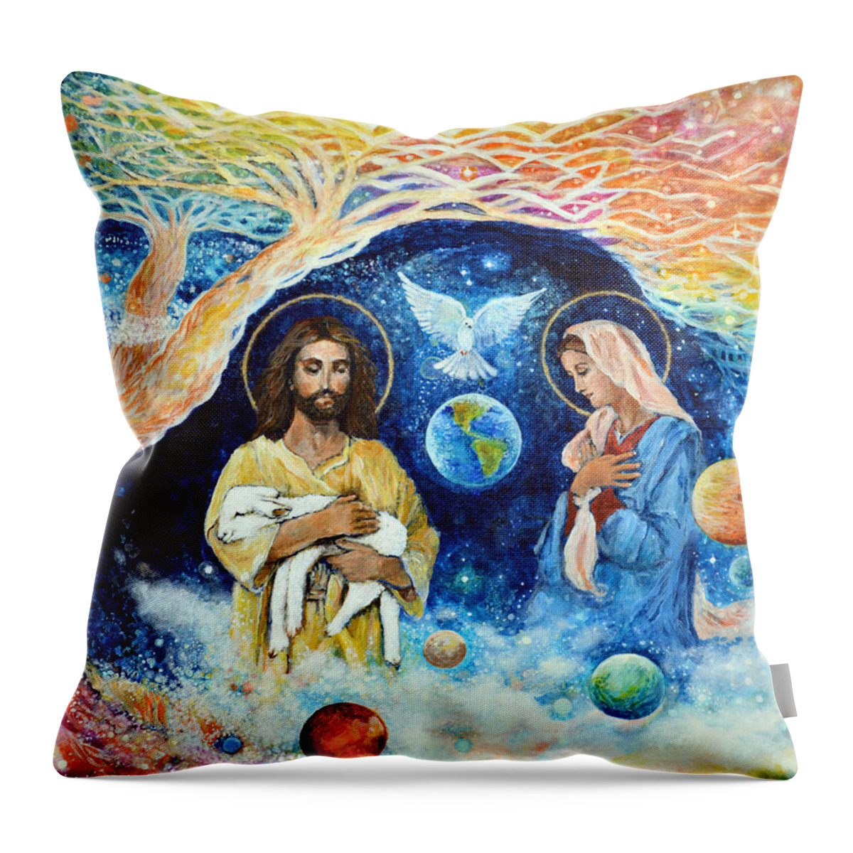 Jesus Throw Pillow featuring the painting Jesus and Mary Cloud Colored Christ Come by Ashleigh Dyan Bayer