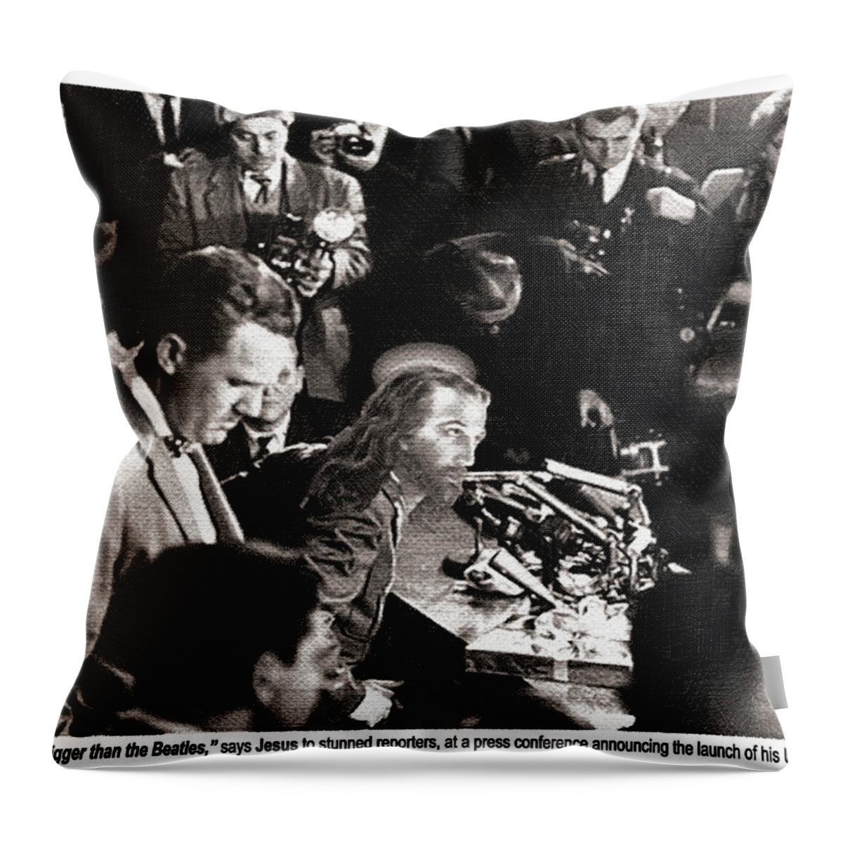John Lennon Throw Pillow featuring the painting Jesus Press Conference 1966 by Tony Rubino
