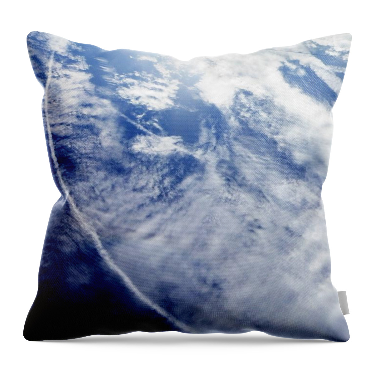 Check Out This Cool Sky Shot Of A Variety Of White Clouds And Jet Stream Against The Blue Wow Love The Contrast Of Shapes! Throw Pillow featuring the photograph Look at That Sky by Belinda Lee