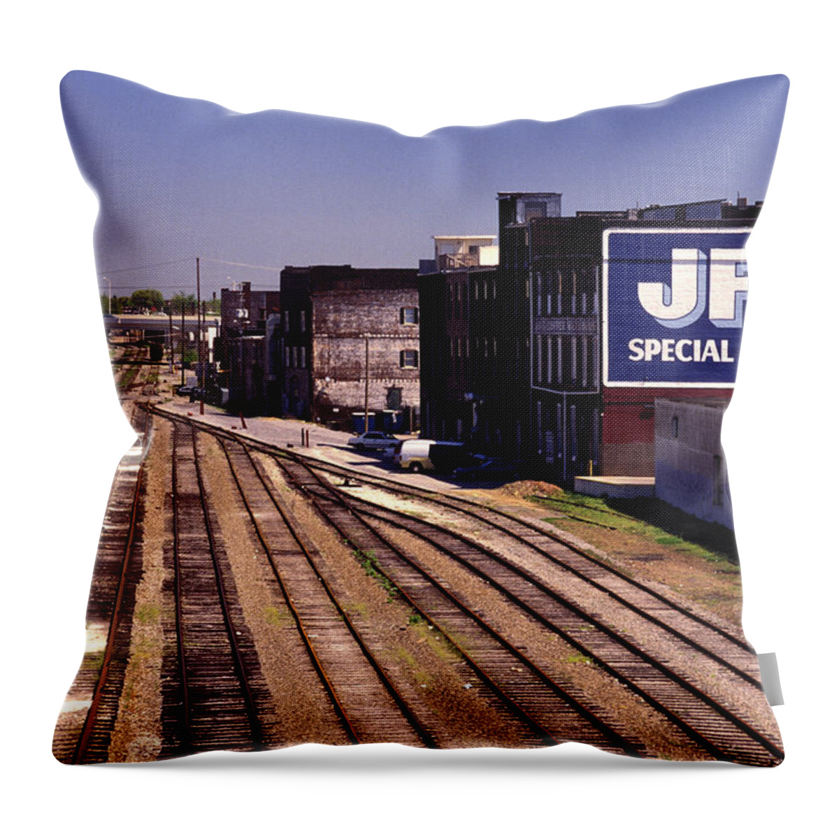 F2-rr-0271 Throw Pillow featuring the photograph JFG Coffee and Knoxville TN Old Town freight yards by Paul W Faust - Impressions of Light