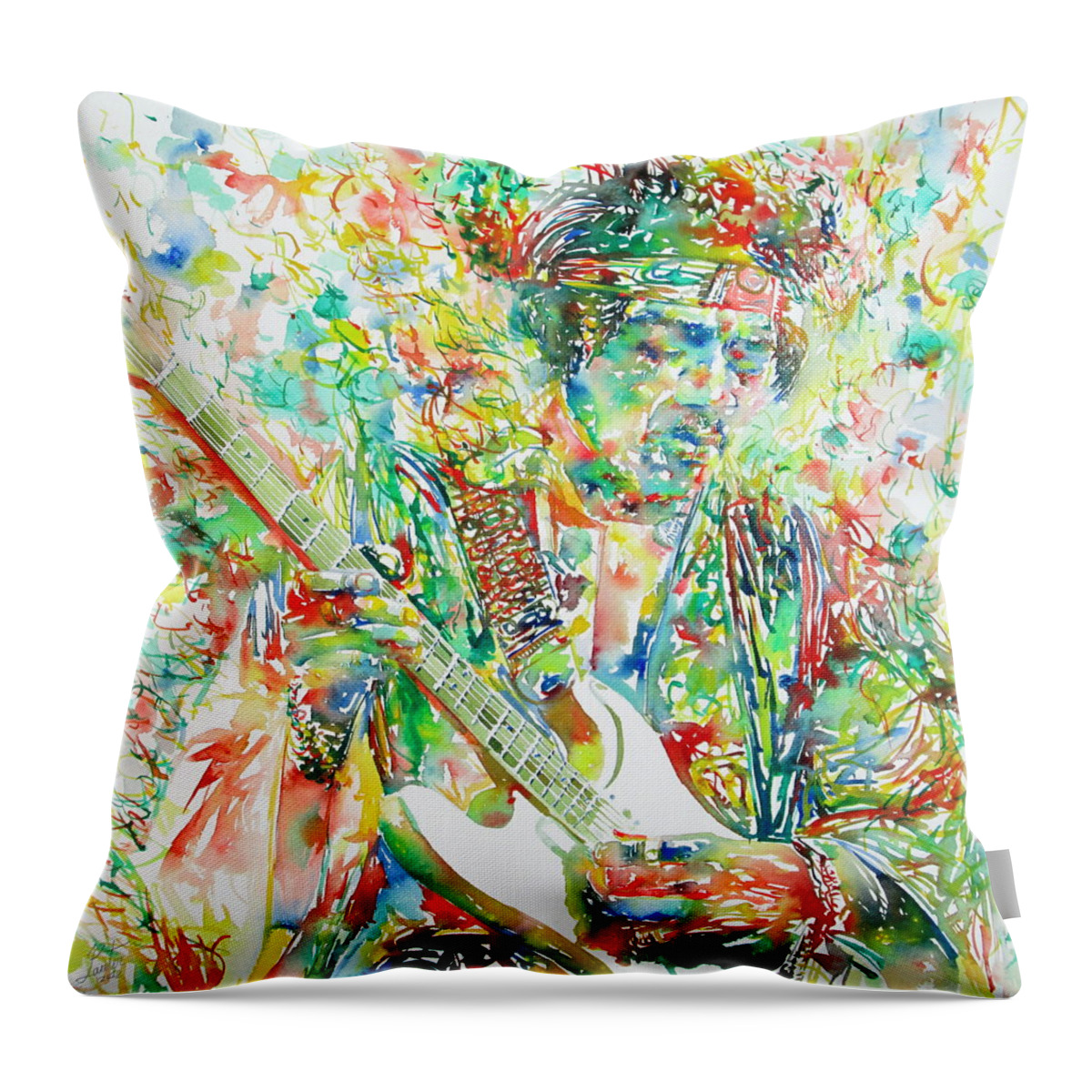 Jimi Throw Pillow featuring the painting Jimi Hendrix Playing The Guitar Portrait.1 by Fabrizio Cassetta