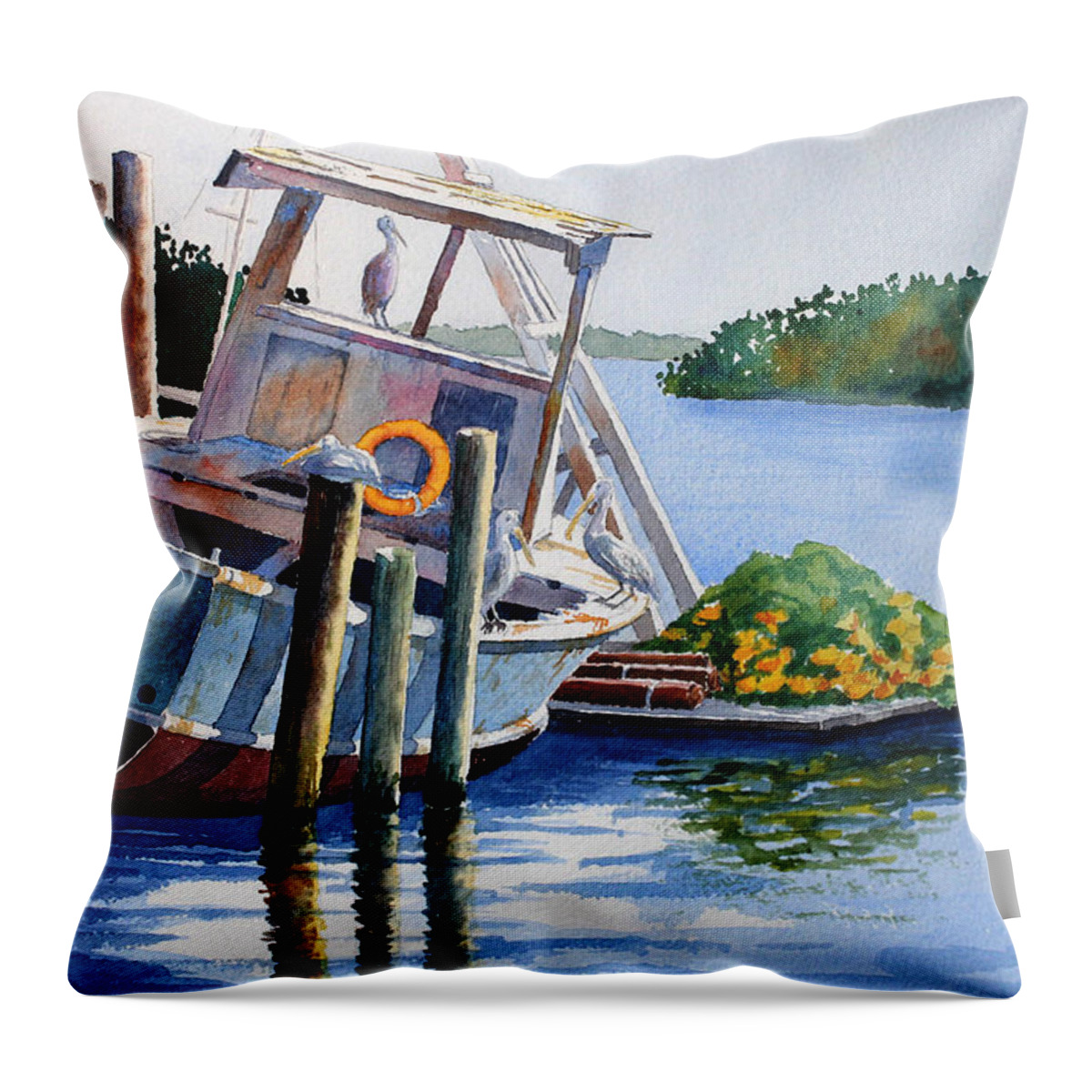 Boat Throw Pillow featuring the painting Joan II and Mates by Roger Rockefeller