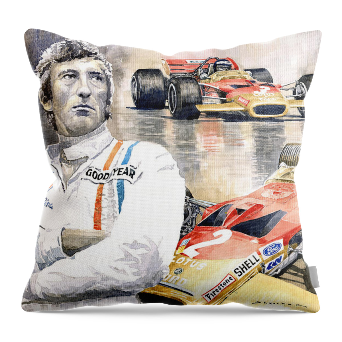 Watercolor Throw Pillow featuring the painting Jochen Rindt Golden Leaf Team Lotus Lotus 49b Lotus 49c by Yuriy Shevchuk