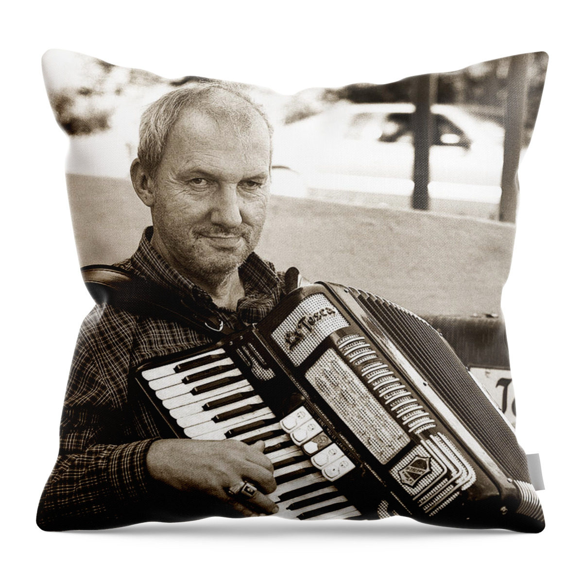Accordion Throw Pillow featuring the photograph John and His Accordion Tunkhannock PA. by Arthur Miller