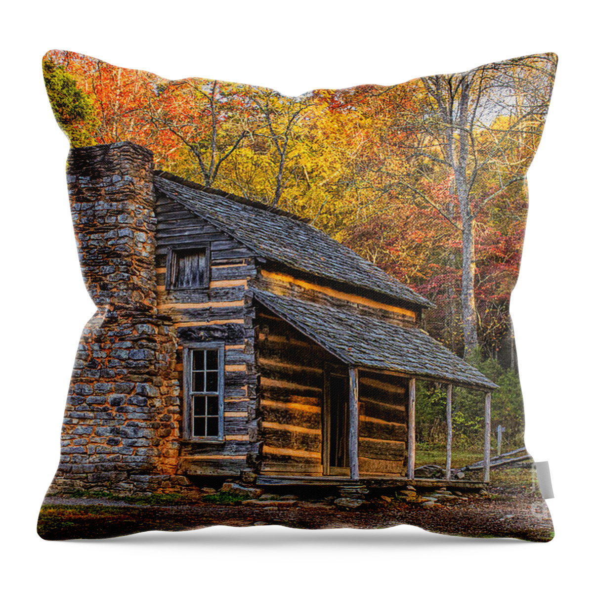John Oliver's Cabin In Great Smoky Mountains Throw Pillow featuring the photograph John Oliver's Cabin in Great Smoky Mountains by Priscilla Burgers