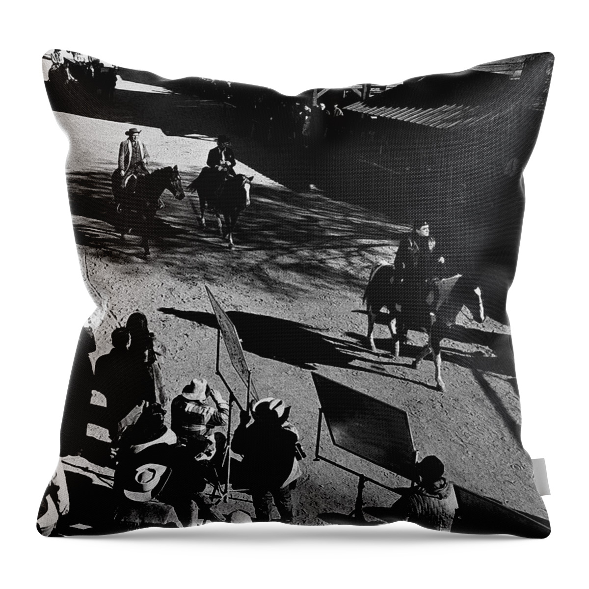 Johnny Cash Riding Horse Filming Promo Main Street Old Tucson Az A Gunfight Kirk Douglas A Boy Named Sue San Quentin Prison Concert Recorded By Granada Television Great Britain Throw Pillow featuring the photograph Johnny Cash riding horse filming promo main street Old Tucson Arizona 1971 by David Lee Guss