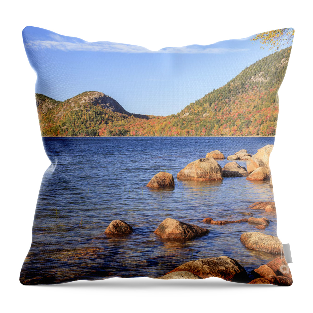 Fall Throw Pillow featuring the photograph Jordan Pond and The Bubbles in Autumn Acadia National Park by Ken Brown