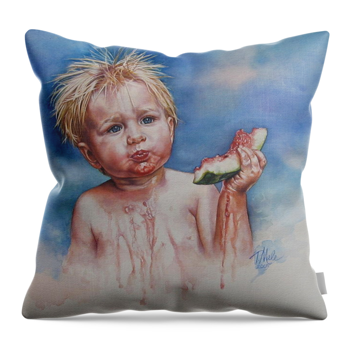 Little Boy With Watermelon Painting Throw Pillow featuring the painting Juicy by Tracy Male