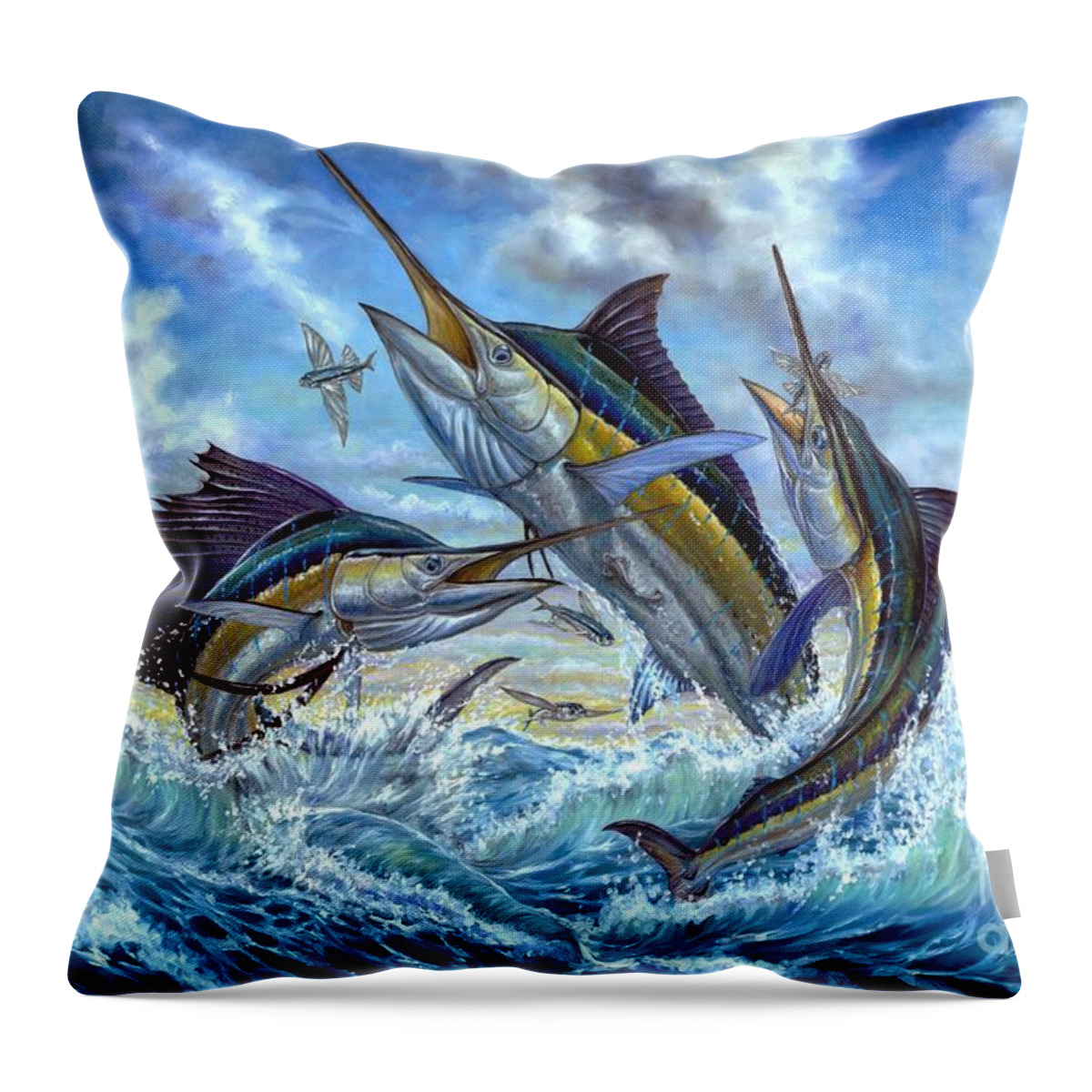 Blue Mrlin Throw Pillow featuring the painting Jumping Grand Slam And Flyingfish by Terry Fox