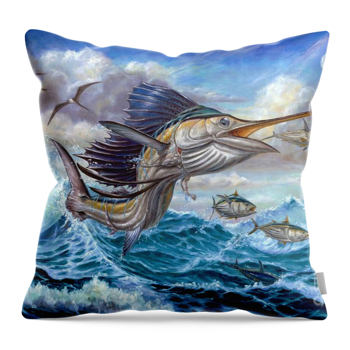 Sailfish Small Tuna Throw Pillow featuring the painting Jumping Sailfish And Small Fish by Terry Fox