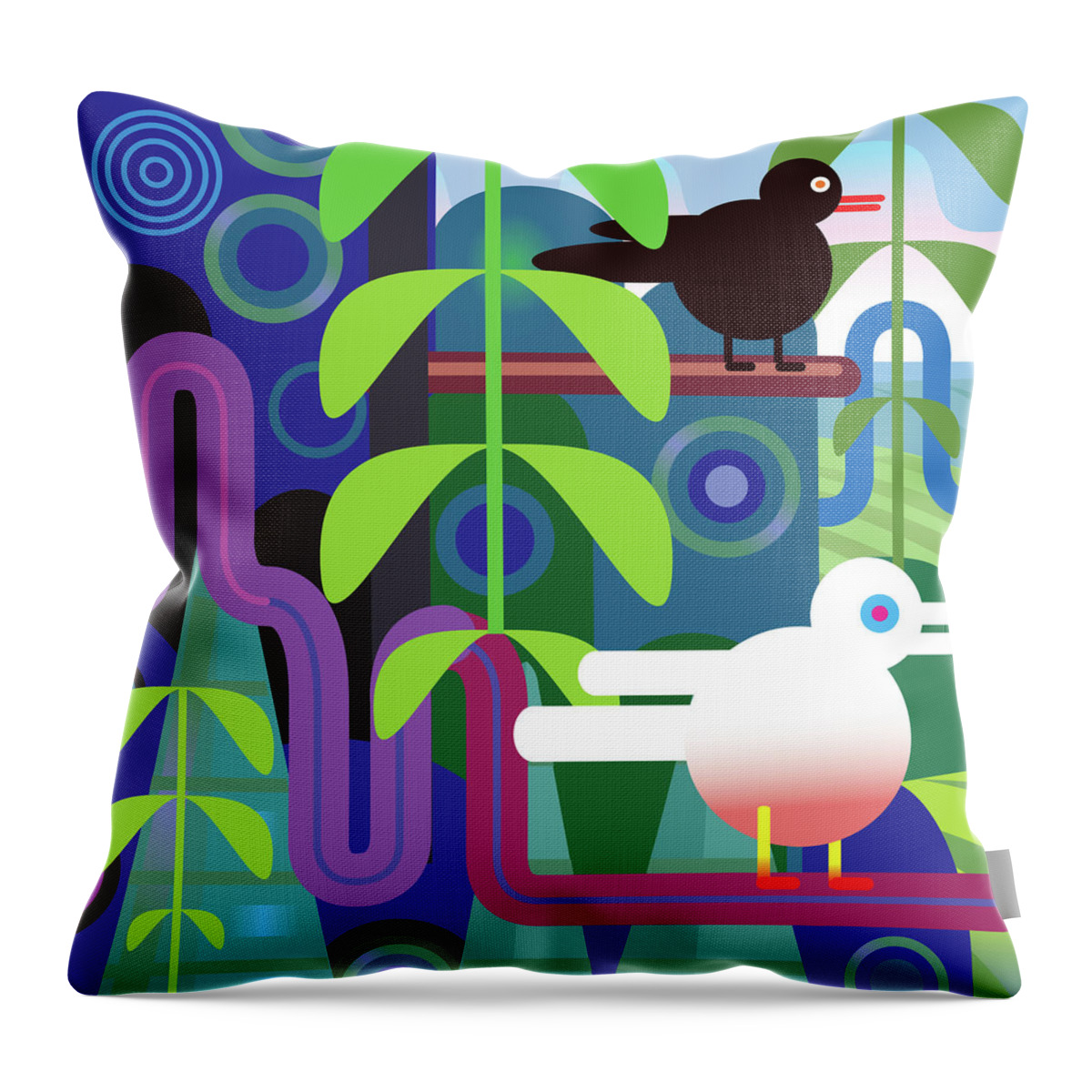 Pets Throw Pillow featuring the digital art Jungle Vector Illustration With Birds by Charles Harker
