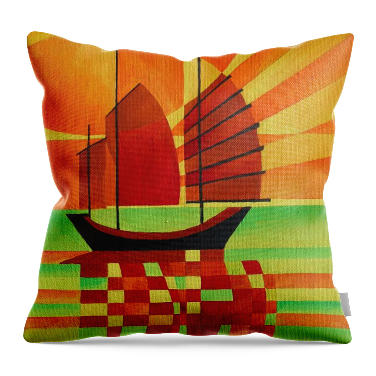 Sailboat Throw Pillow featuring the painting Junk On A Sea Of Green by Taiche Acrylic Art