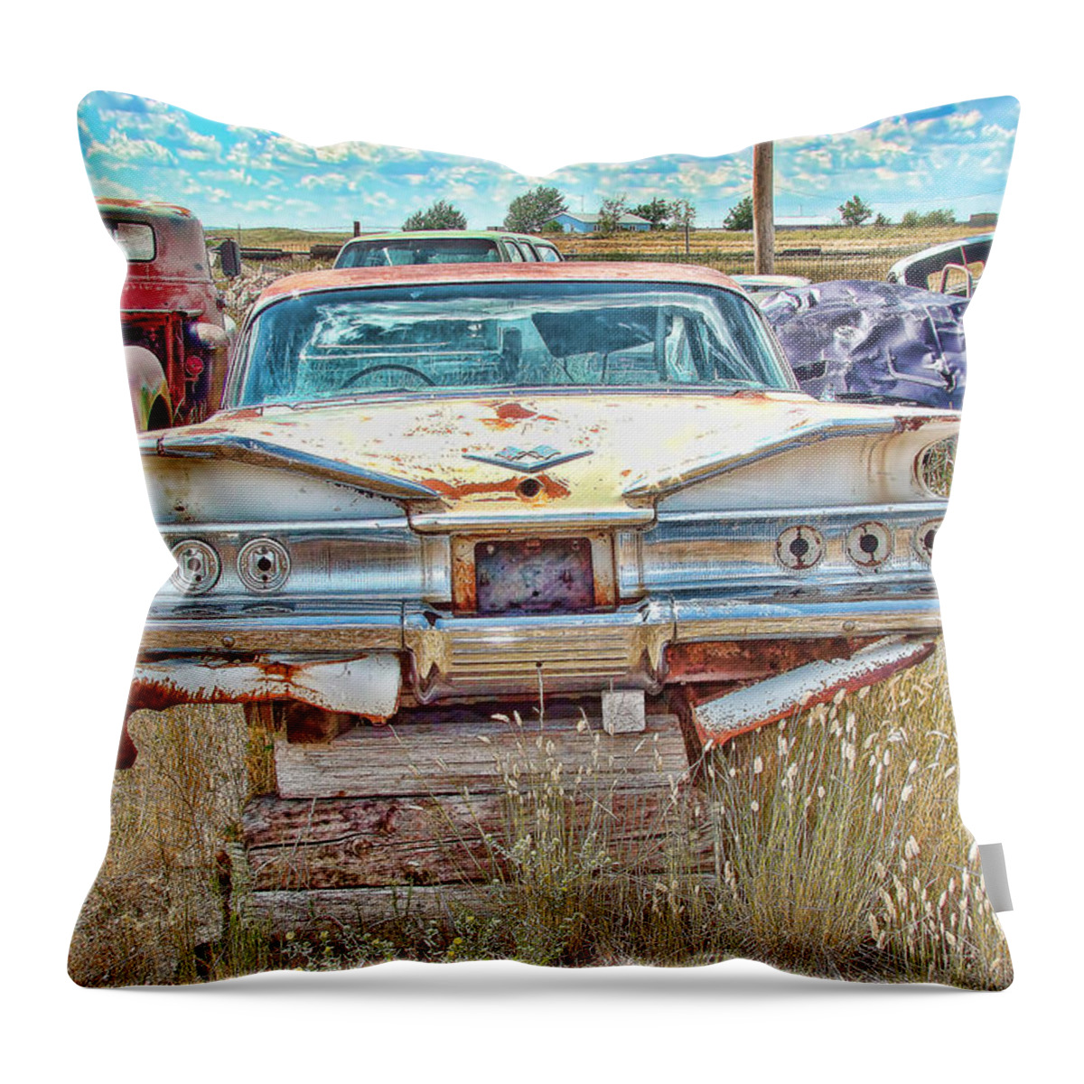 1960's Chevrolet Impala Throw Pillow featuring the photograph Junkyard Series 1960's Chevrolet Impala by Cathy Anderson