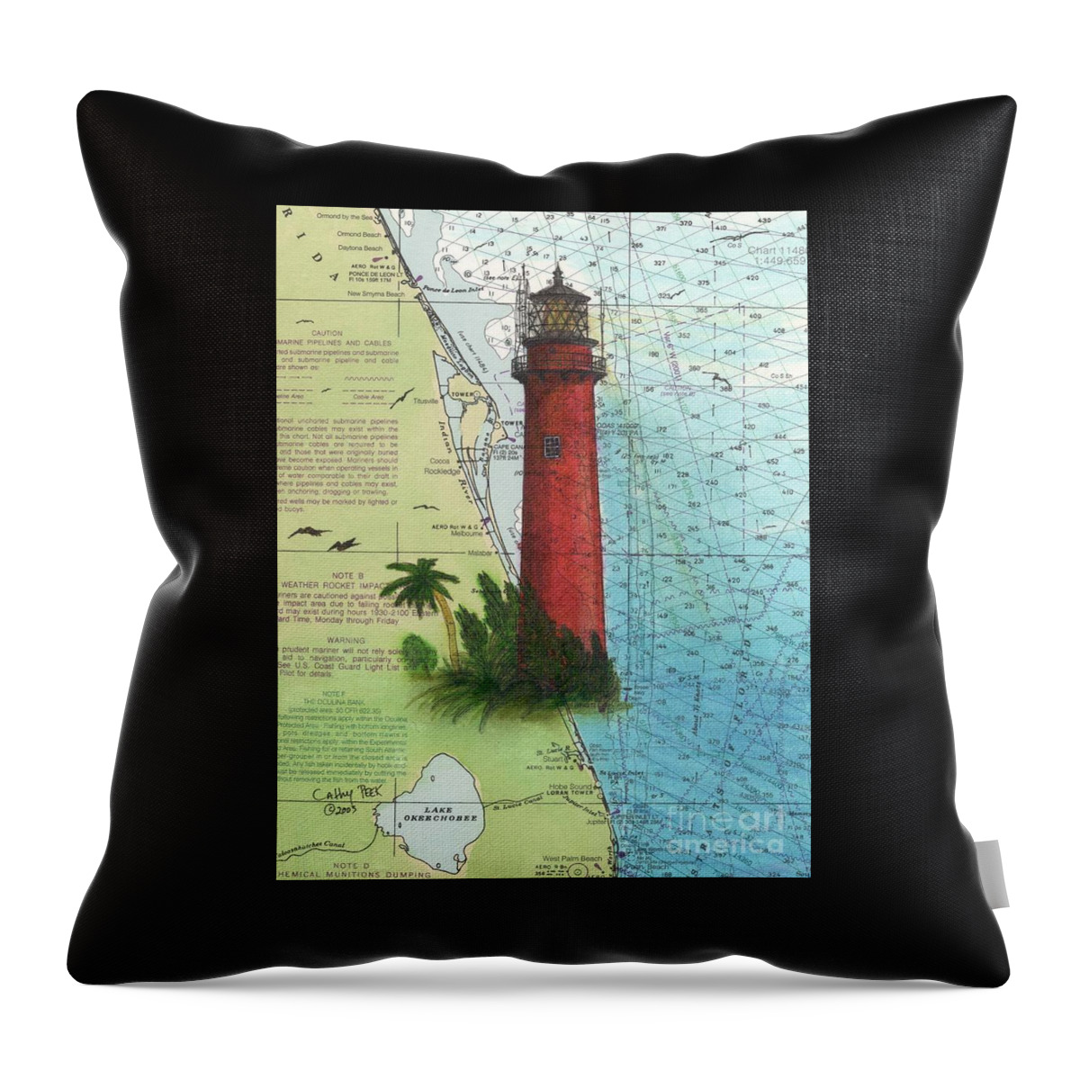 Jupiter Throw Pillow featuring the painting Jupiter Inlet Lighthouse FL Nautical Chart Map Art Cathy Peek by Cathy Peek