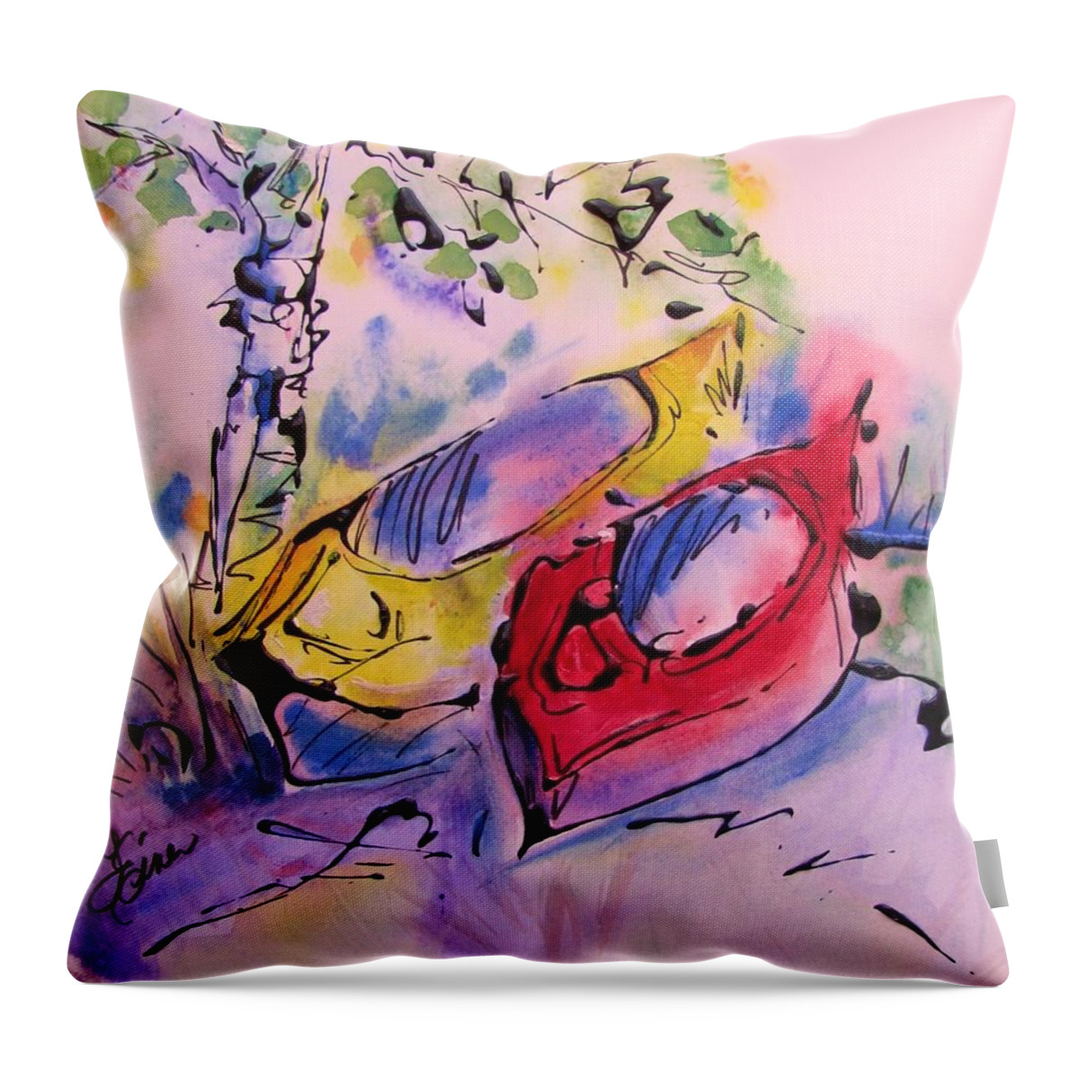 Kayaks Throw Pillow featuring the painting Kayaks Napping-Drizzle by Terri Einer
