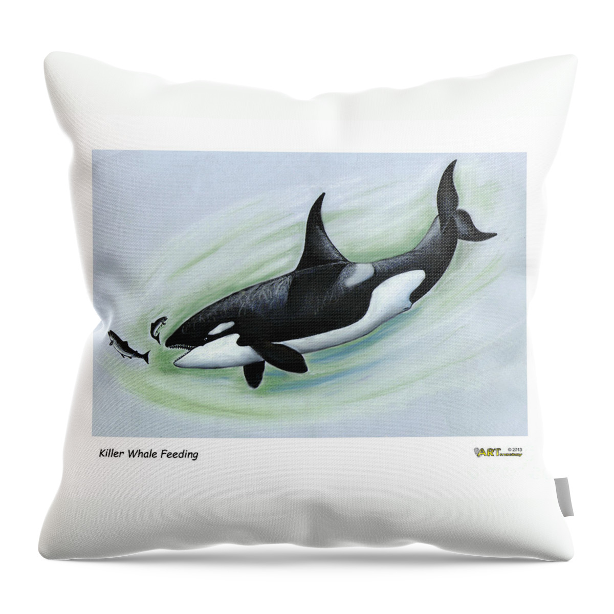 Whales Throw Pillow featuring the pastel Killer Whale Feeding by Art MacKay