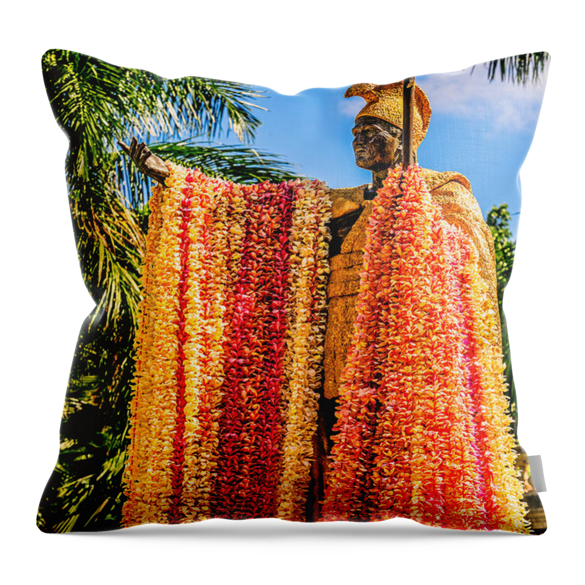King Kamehameha Throw Pillow featuring the photograph King Kamehameha Statue Leis Portrait by Aloha Art