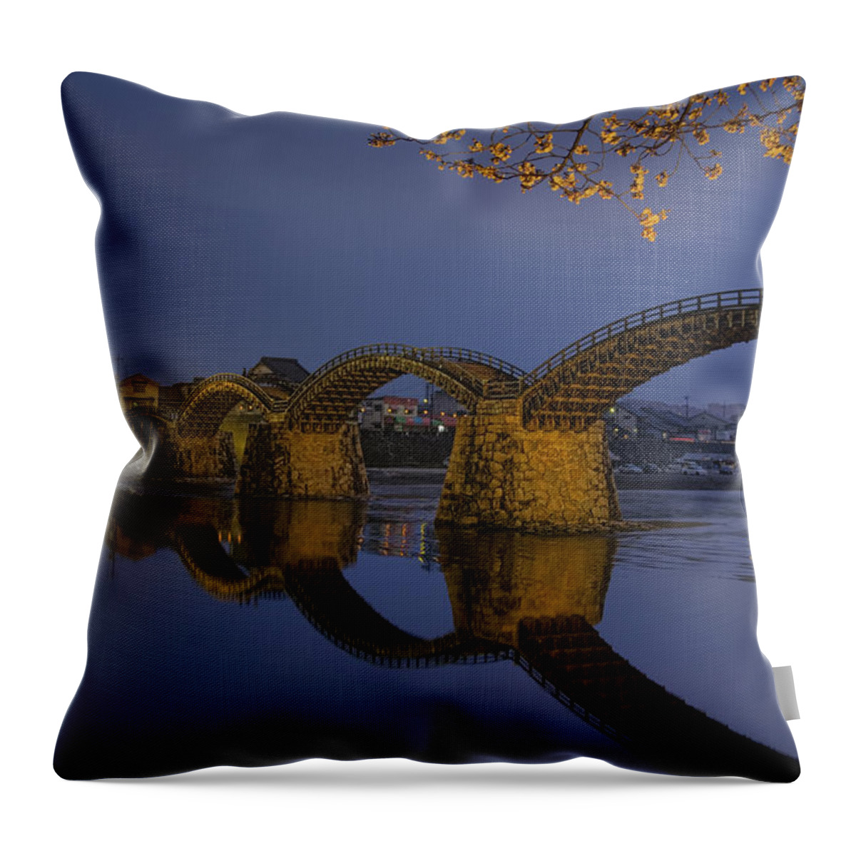 Tranquility Throw Pillow featuring the photograph Kintai Bridge In Iwakuni by Karen Walzer