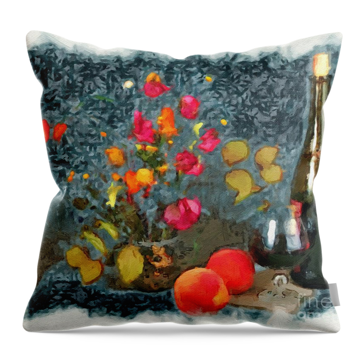 Kitchen Peaches And Wine Painting Throw Pillow featuring the painting Kitchen - Peaches and Wine Painting by Liane Wright