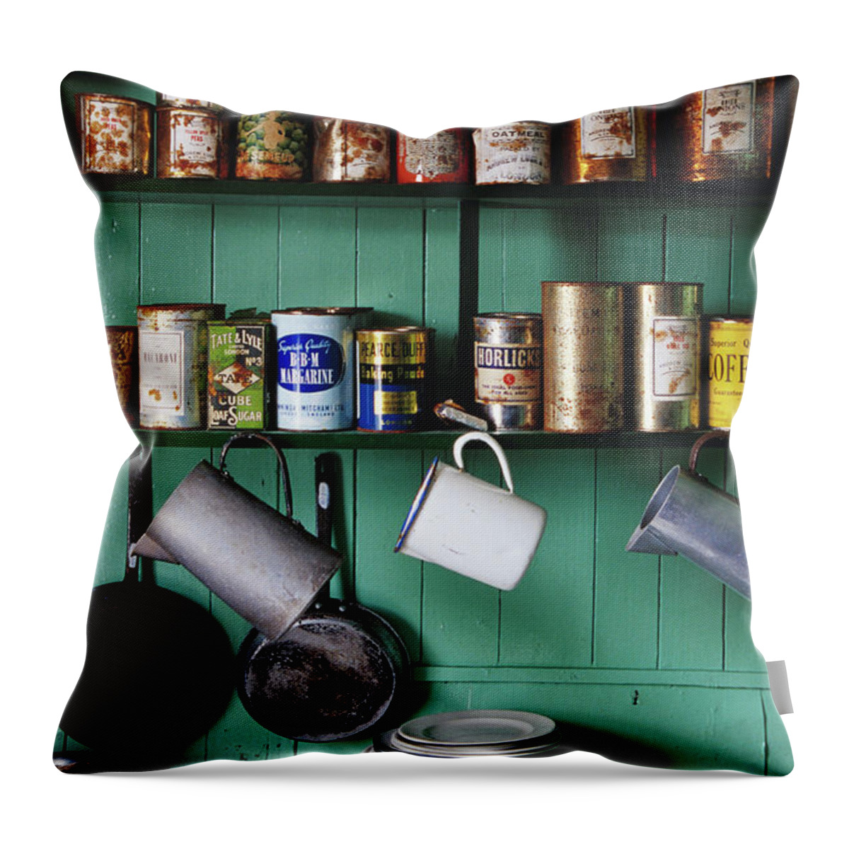 Cooking Utensil Throw Pillow featuring the photograph Kitchen Shelves In Museum At British by Richard I'anson