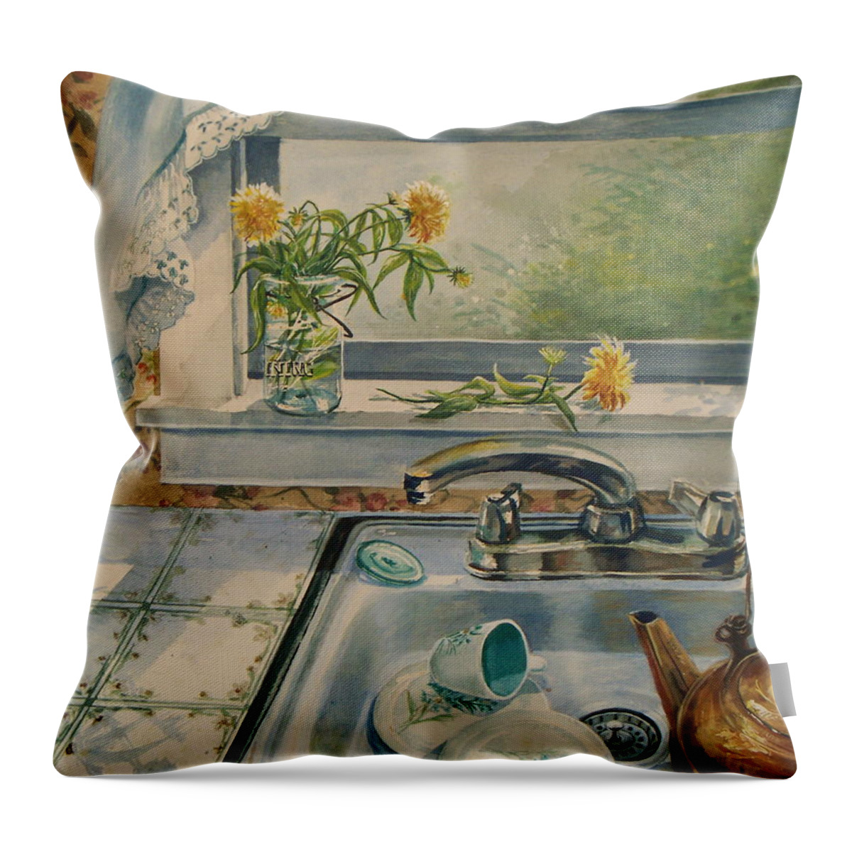  Yellow Flowers Throw Pillow featuring the painting Kitchen Sink by Joy Nichols
