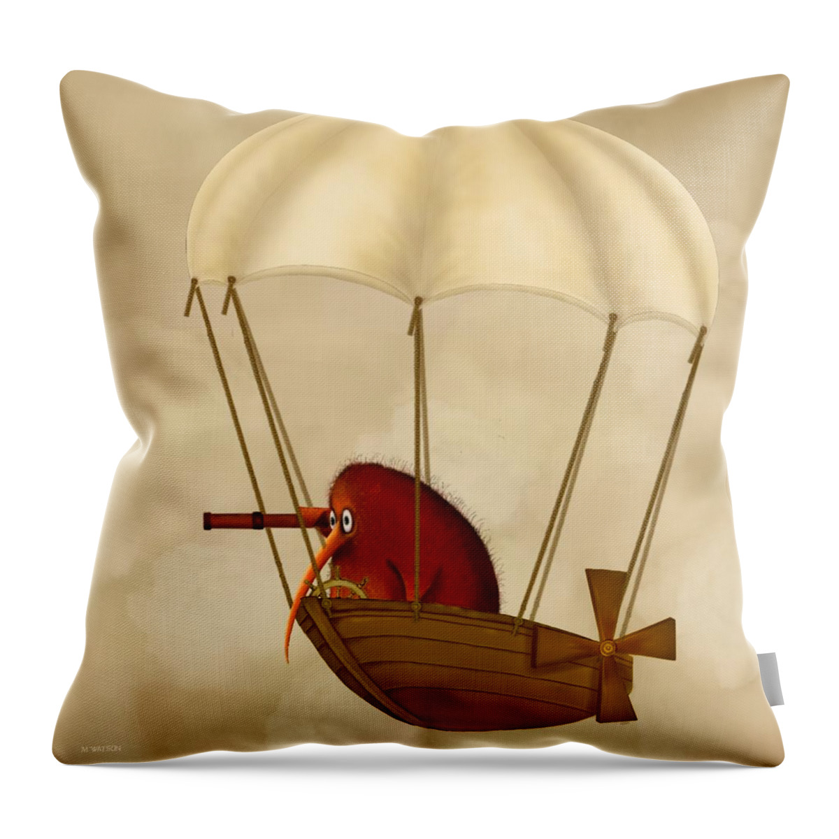 Kiwi Bird Throw Pillow featuring the digital art Kiwi Bird Kev's Airship by Marlene Watson