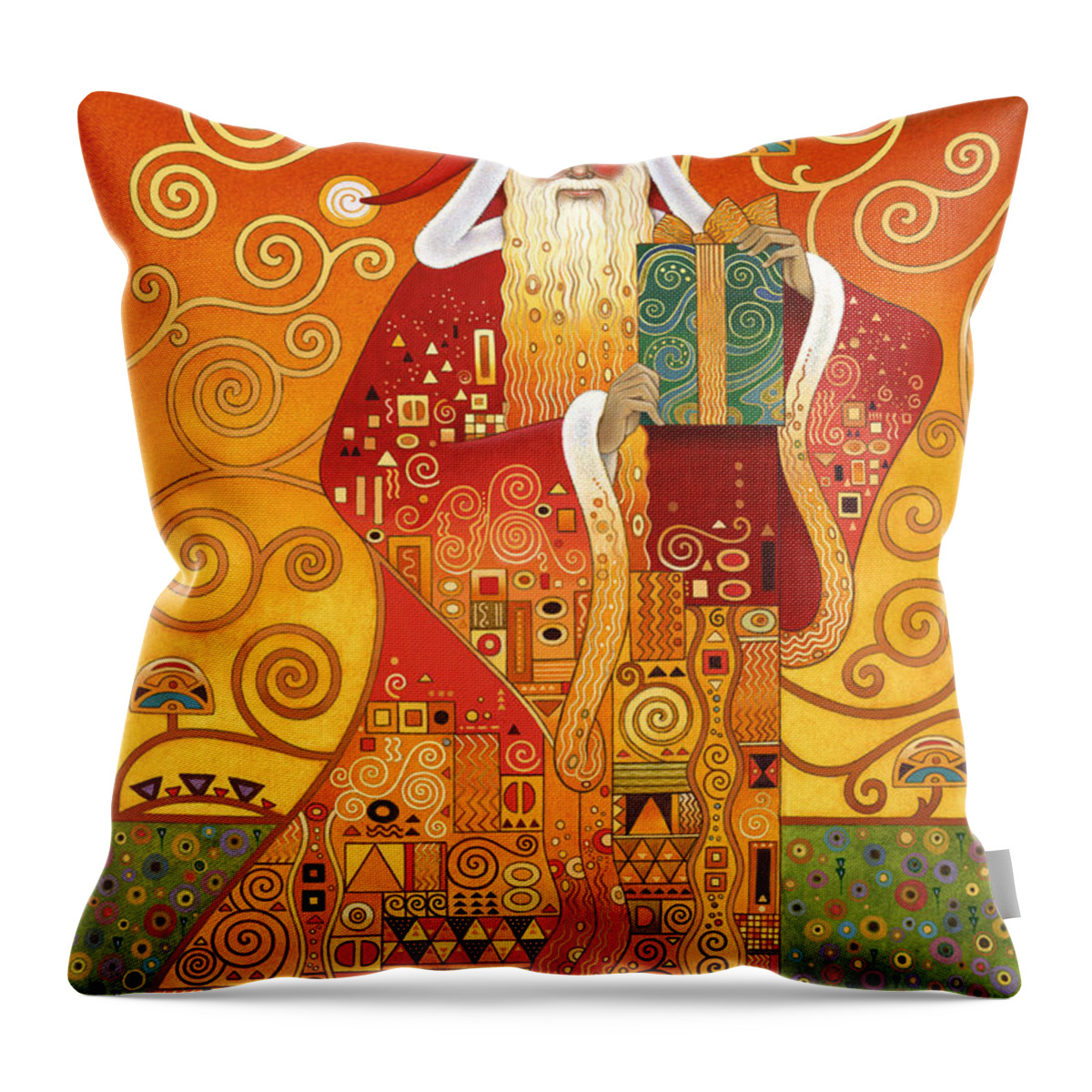 Carol Lawson Throw Pillow featuring the painting Klimt Santa by Carol Lawson