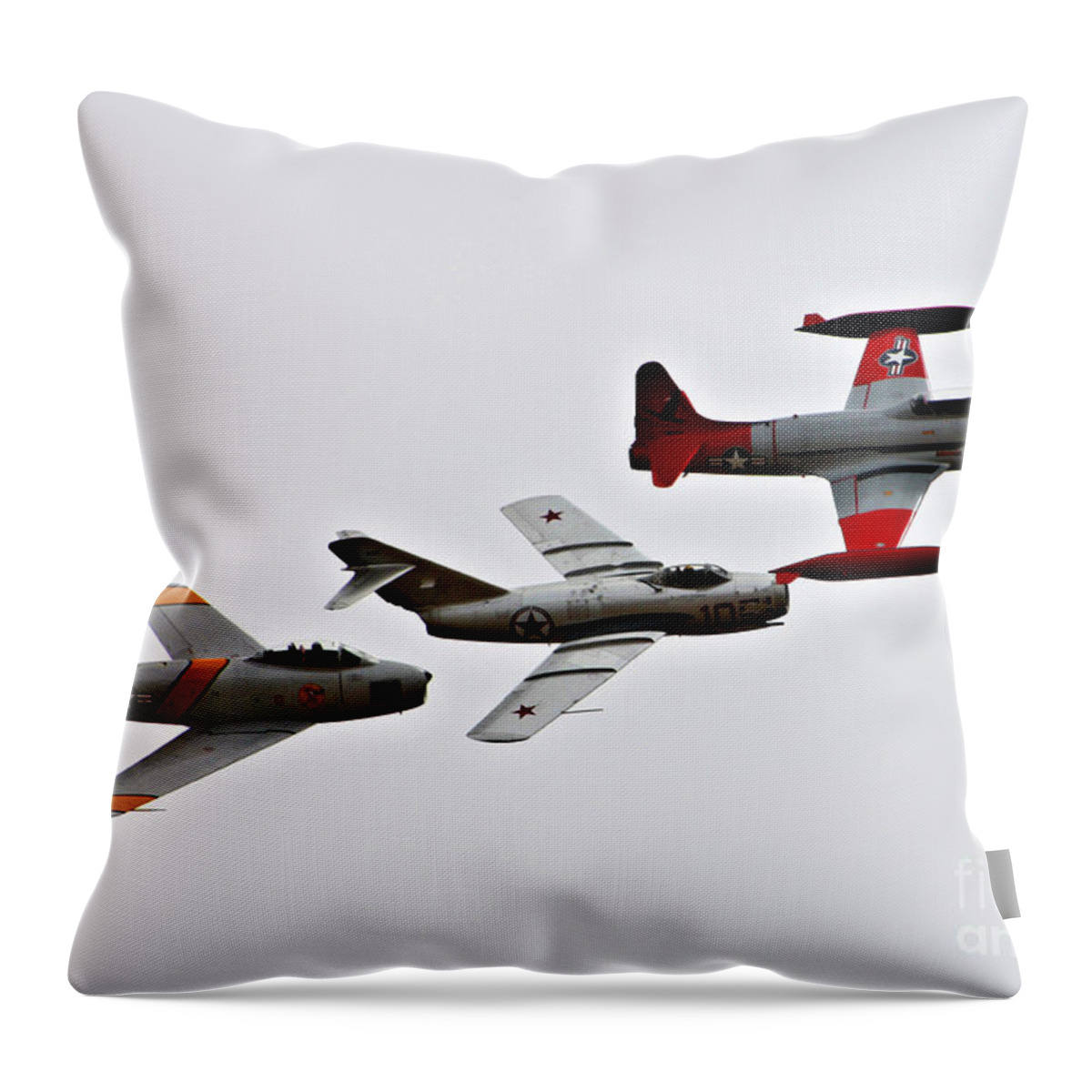 North American F86 Sabre Throw Pillow featuring the photograph Korean War Flight by Tommy Anderson