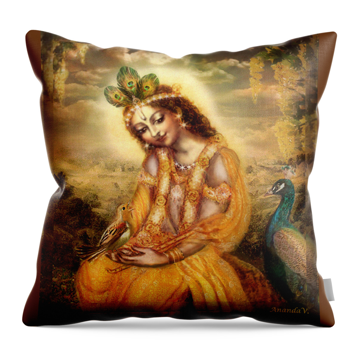 Krishna Throw Pillow featuring the mixed media Krishna with the Peacock Detail by Ananda Vdovic