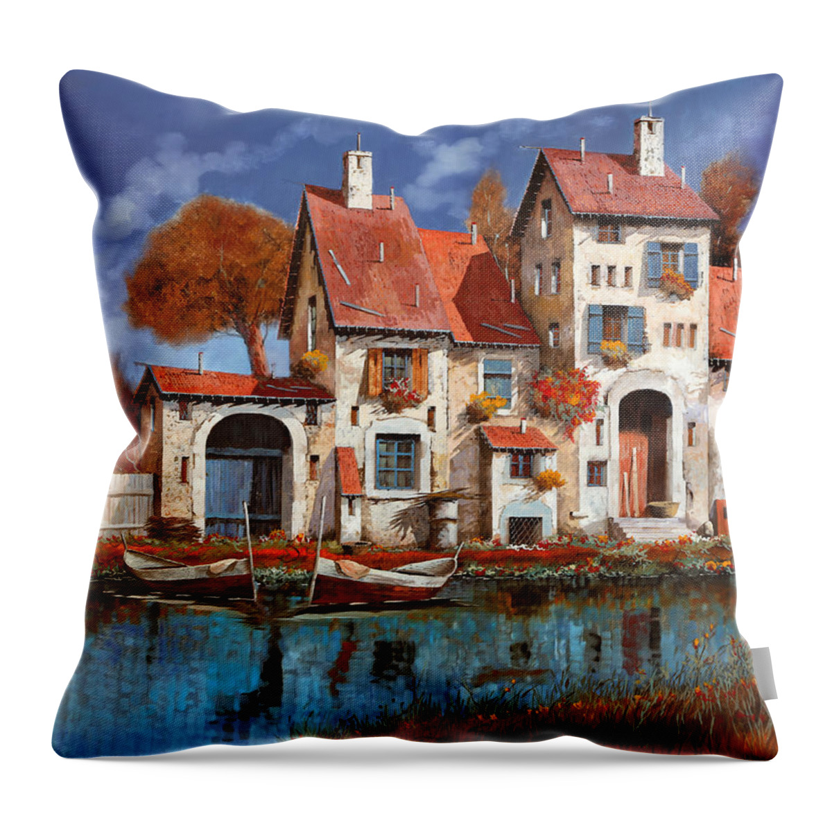 Little Village Throw Pillow featuring the painting La Cascina Sul Lago by Guido Borelli