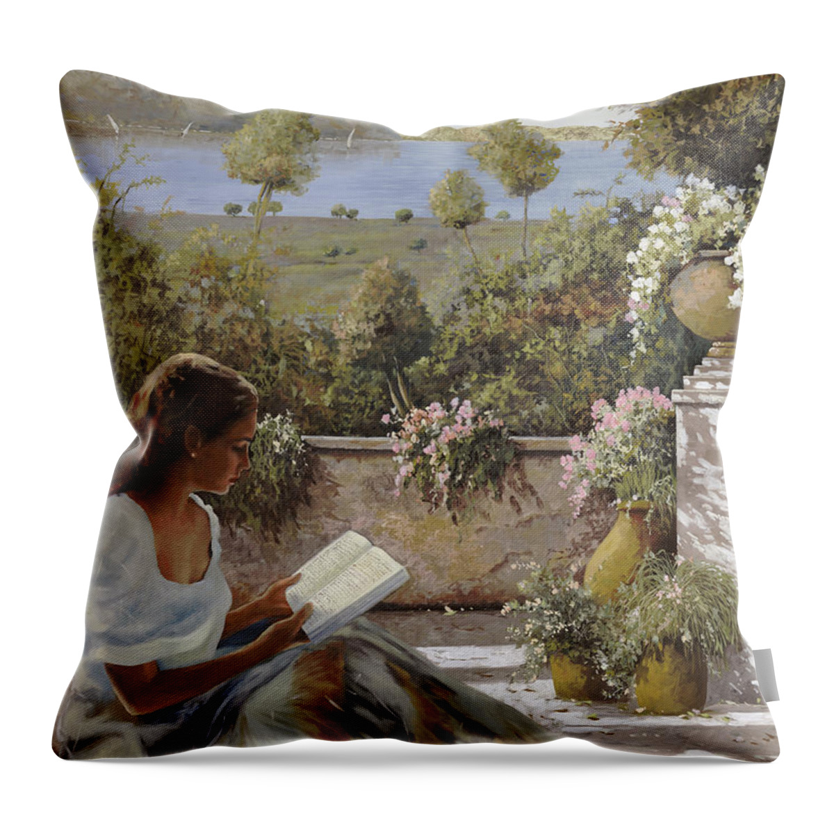 Read Throw Pillow featuring the painting La Lettura All'ombra by Guido Borelli