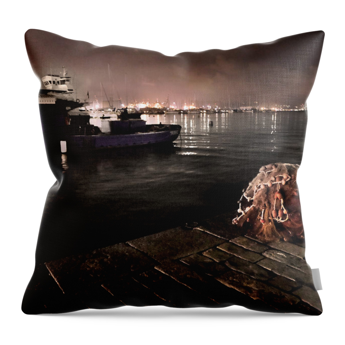 La Spezia Harbor Nocturne Throw Pillow featuring the digital art La Spezia Harbor Nocturne by William Fields