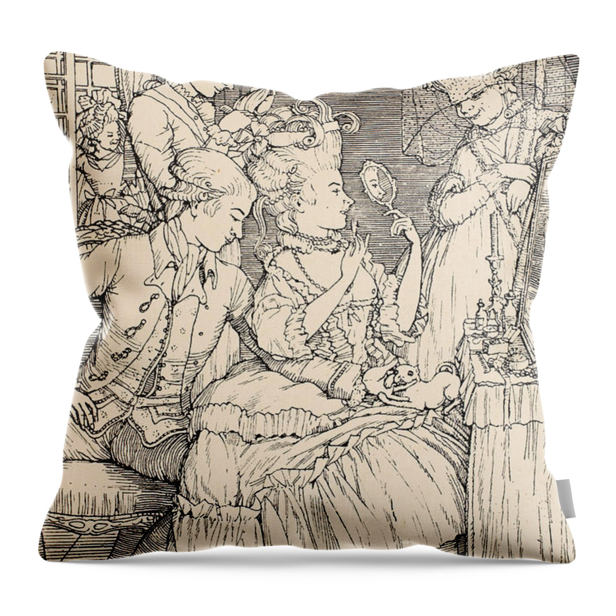 Somov Throw Pillow featuring the drawing La Toilette by Konstantin Andreevic Somov
