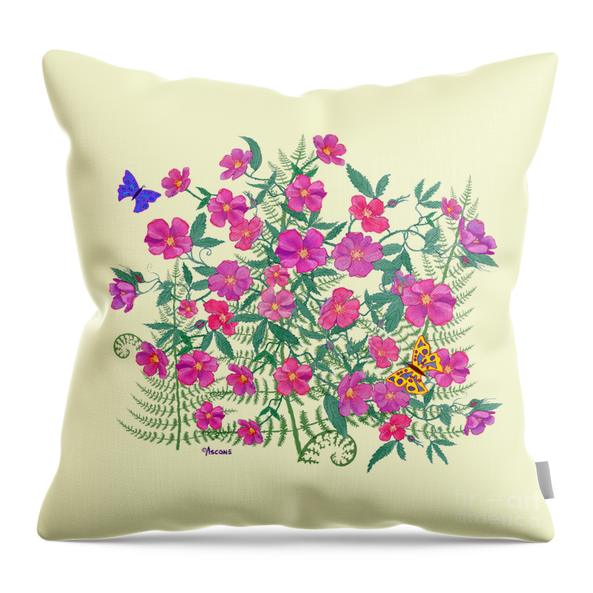 Wild Roses Throw Pillow featuring the painting La Vie en Rose Duvet Cover on Yellow by Teresa Ascone
