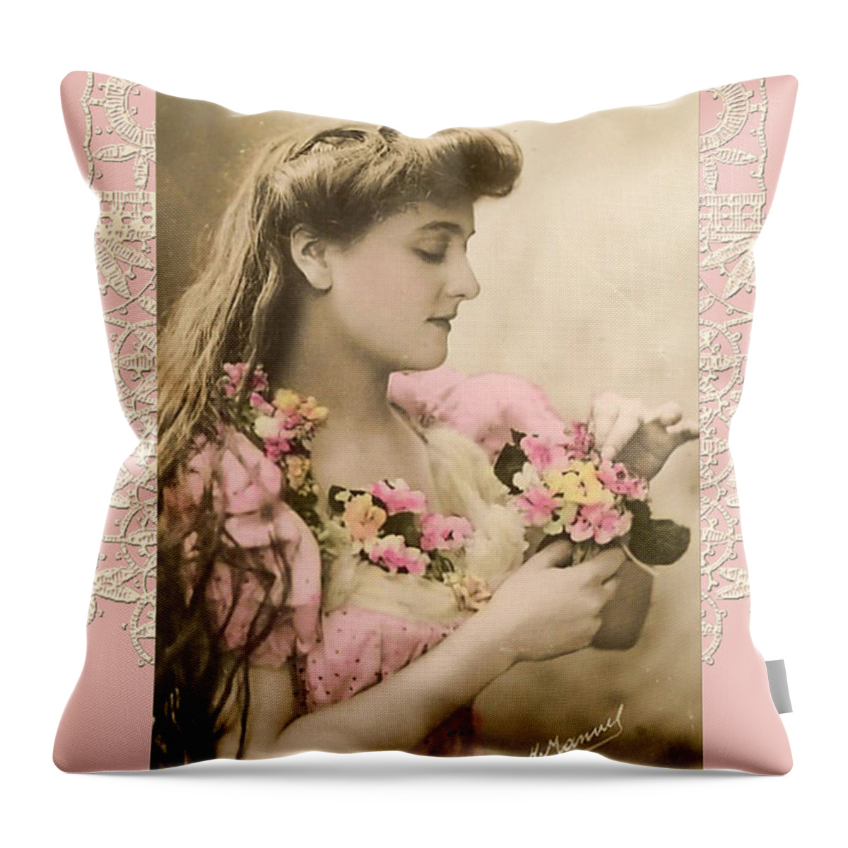 Vintage Throw Pillow featuring the digital art Lace And Poisies Victorian Lady by Denise Beverly