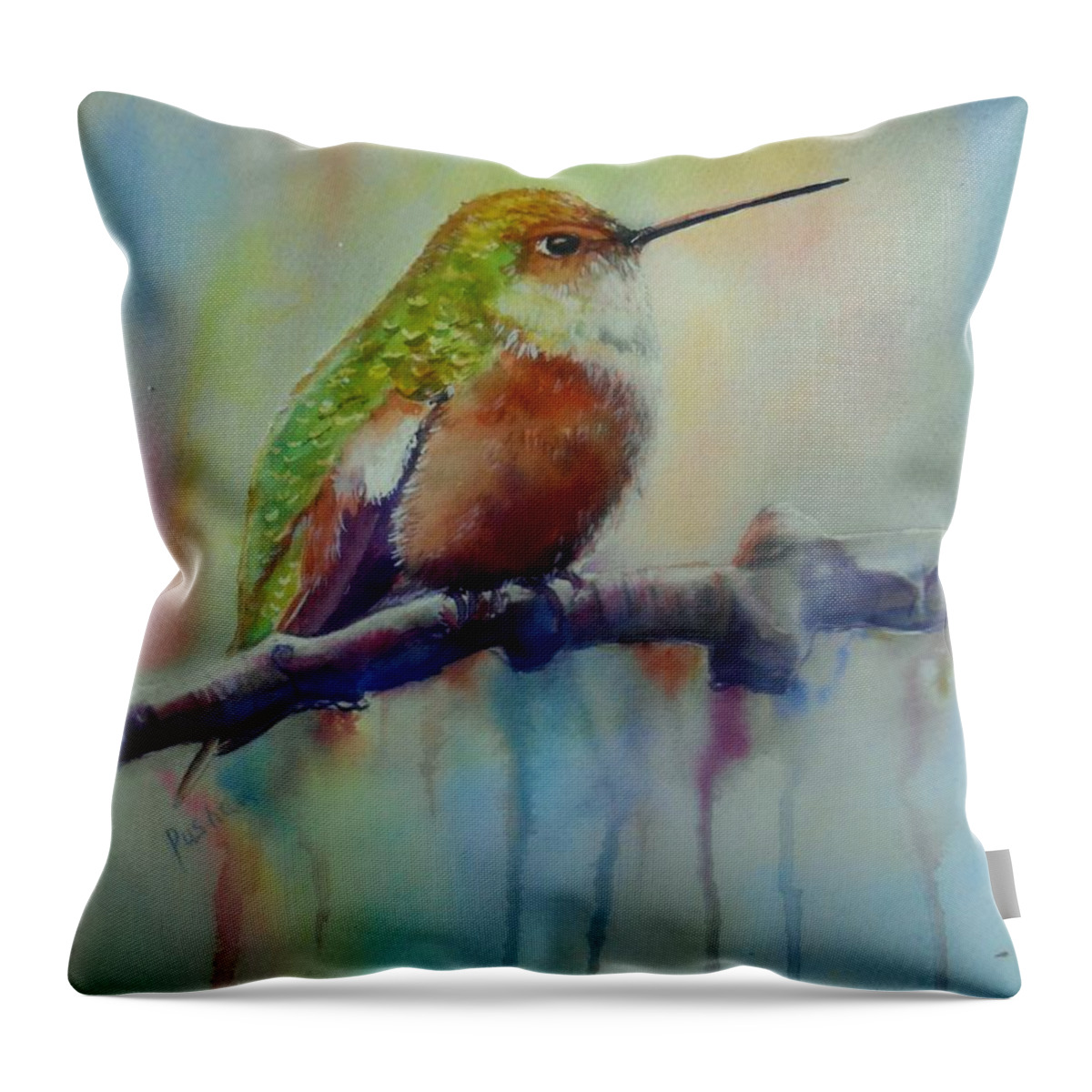 Female Rufous Hummingbird Throw Pillow featuring the painting Lady by Patricia Pushaw