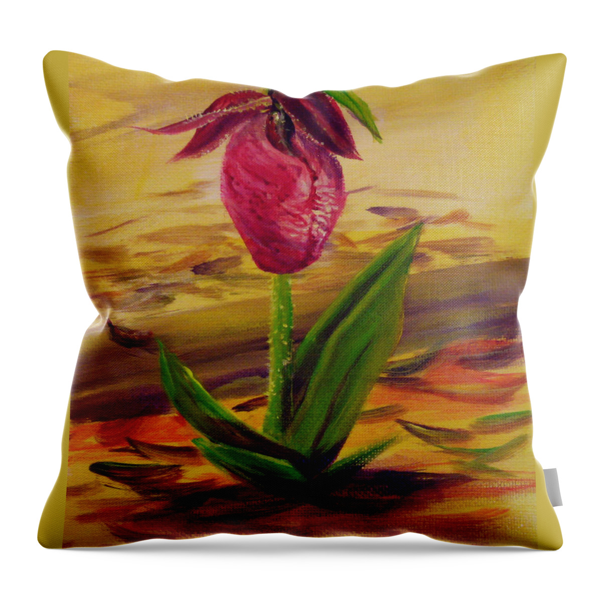 Lady-slipper Throw Pillow featuring the painting Lady's Slipper by Wayne Enslow