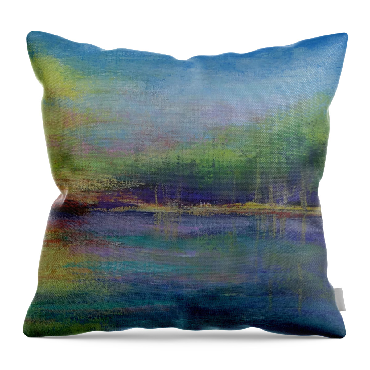 Mixed Media Throw Pillow featuring the painting Lake at Sundown by Carol Berning