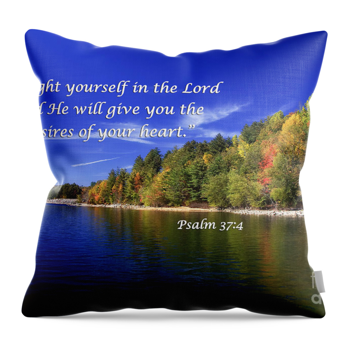 Thorpe Lake Throw Pillow featuring the photograph Lake in the Fall with Scripture by Jill Lang