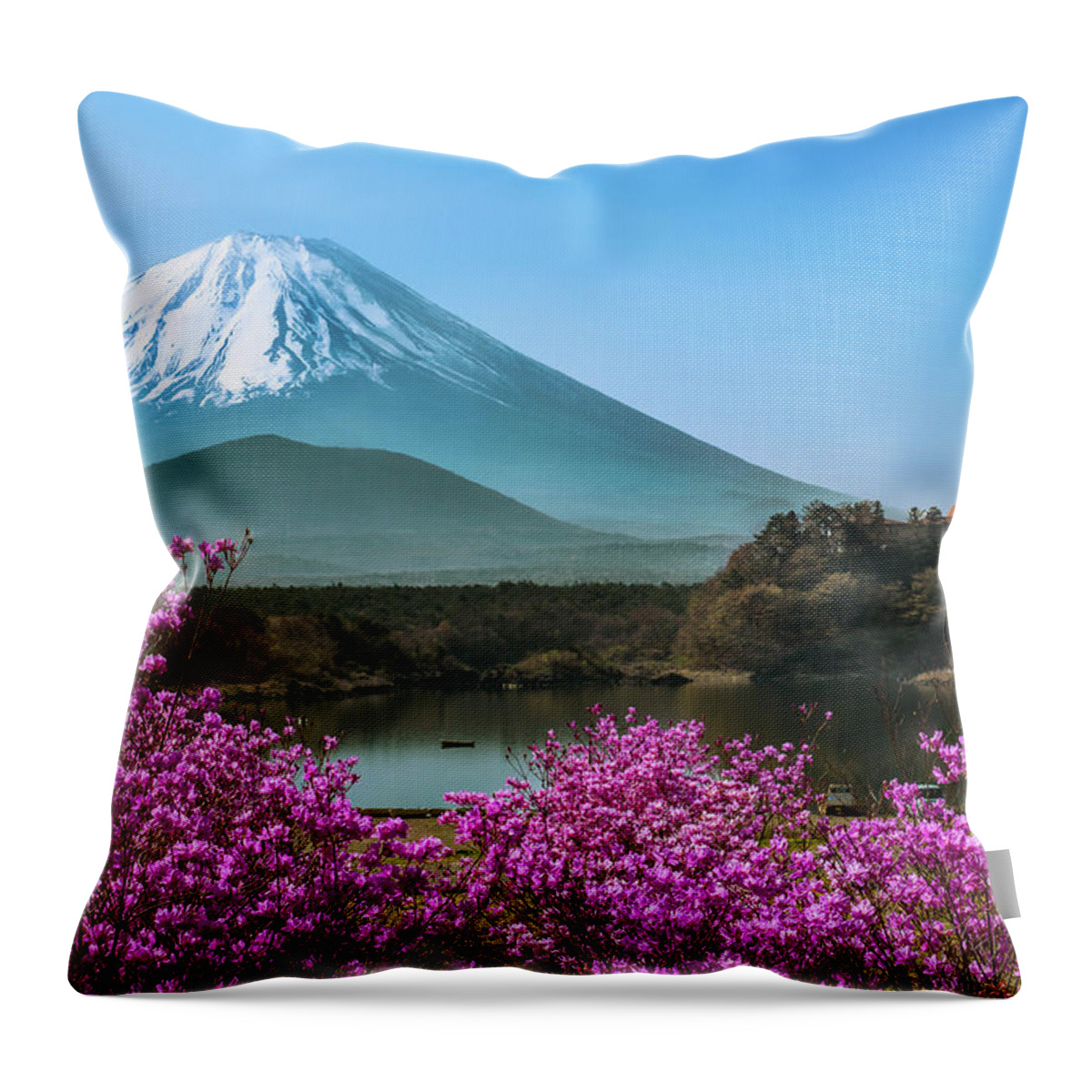 Scenics Throw Pillow featuring the photograph Lake Shojiko - Springtime by Natasha Pnini