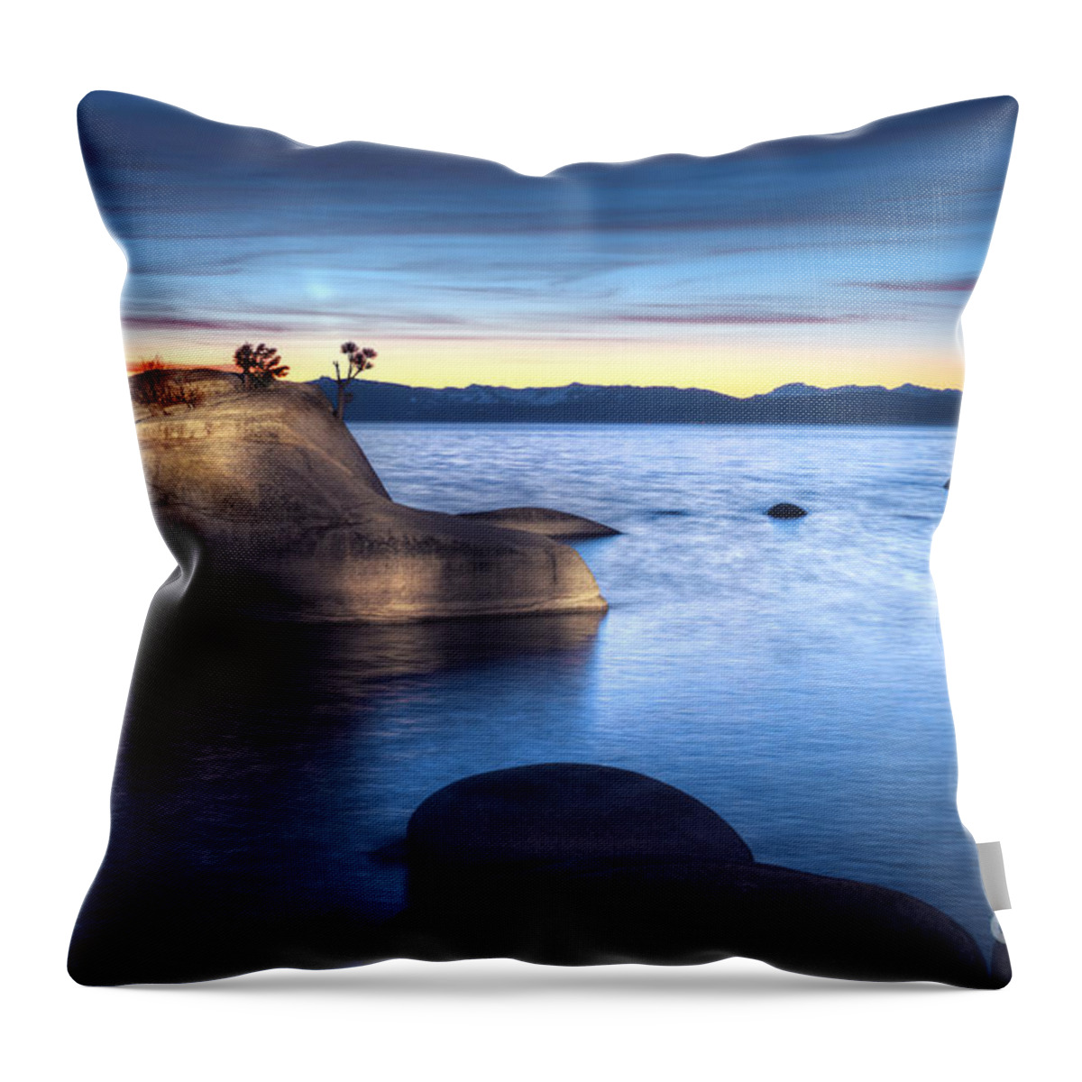 Blue Throw Pillow featuring the photograph Lake Tahoe Bonsai Rock by Dianne Phelps