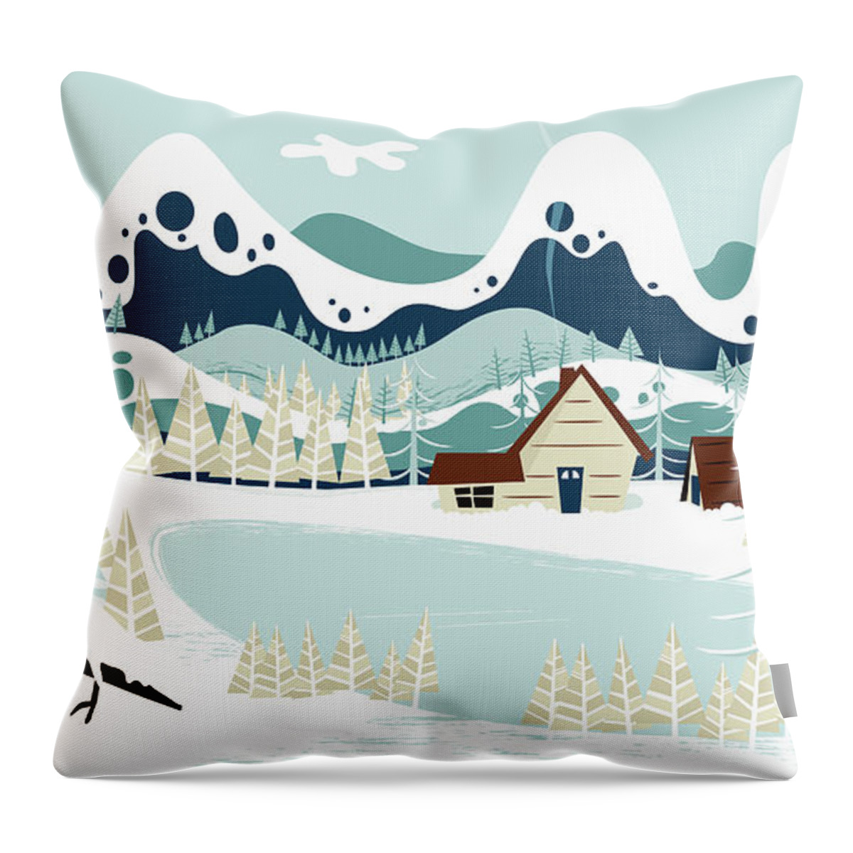 Alpine Throw Pillow featuring the photograph Lakeside Cabin Below Mountains In Snow by Ikon Ikon Images