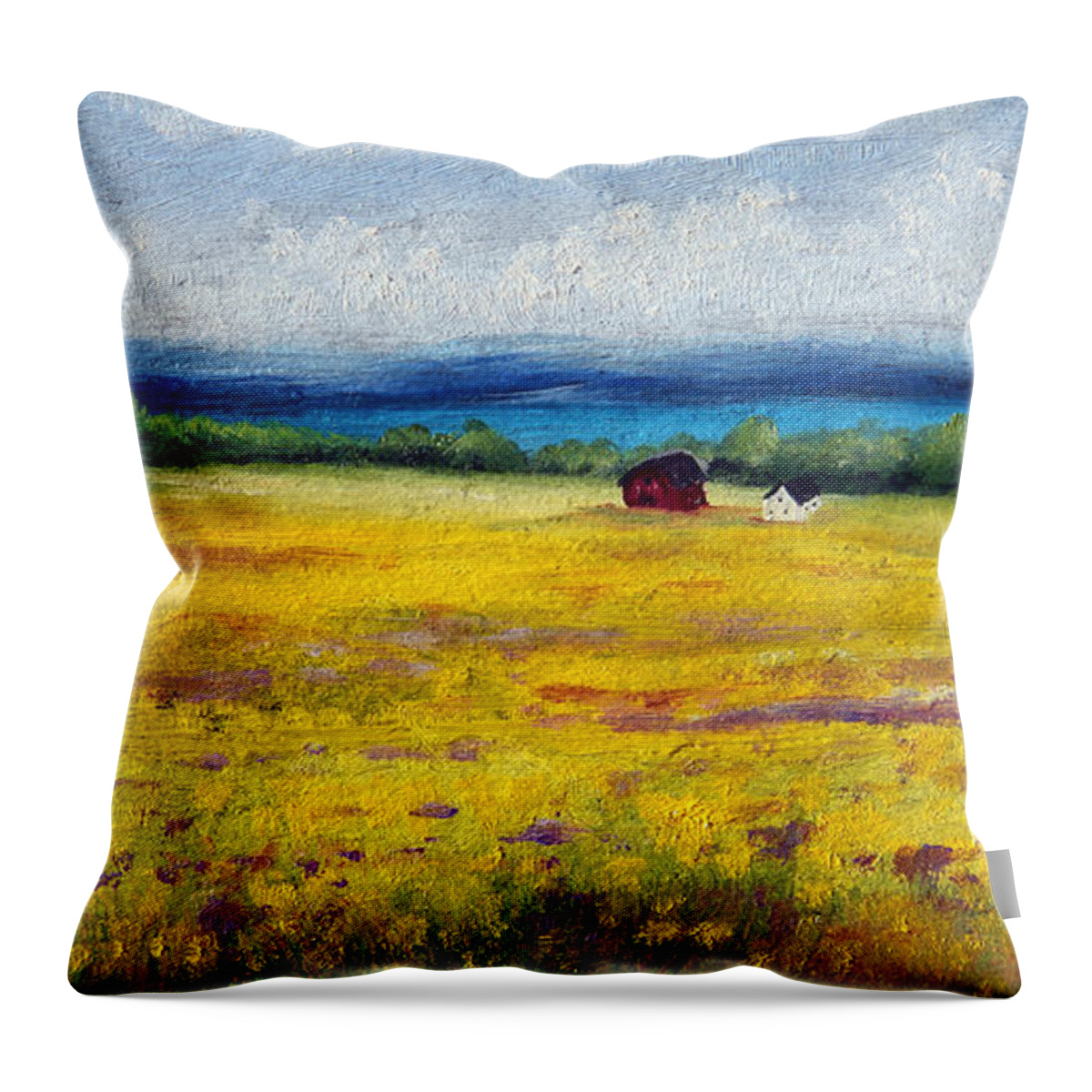 Landscape Throw Pillow featuring the painting Lakeside Mustard Fields by Meaghan Troup